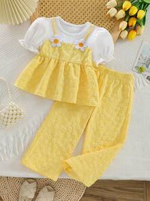 مجموعة بناتية مكونة من 2 قطعة، ملابس علوية بأكمام منتفخة مزخرفة بالزهور + بنطلون ذو ساق واسعة من نسيج جاكار، مناسبة للخروج والحفلات الصيفية - أصفر - مشاهدة 4