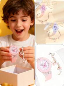 2pcs/Set Cartoon Electronic Watch, Cute Pattern, Soft Silicone Strap, Student Watch, Cross-Border Hot Selling Toy Watch, Gift For Holidays, New Year - Pink - View 2