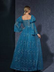 Strapless Embroidered Lace Lantern-Sleeved High-End Evening Gown - Blue - View 2