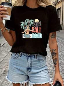 Femenino Retro Estampado Palmera Tropical + Sirena + Letras Salt Sand Negro y Blanco Manga Corta - Suave Algodón% 220g Ajuste Libre Camiseta Unisex Tallas S-3XL para Fiestas Navideñas Verano Vacaciones Moda Callejera - Negro - Ver 6