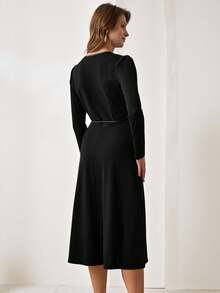 Amorya V-Neck Long Sleeve Waist Cinched Elegant Women Dress - Black - View 2