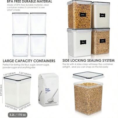 New Vtopmart Large Airtight Food Storage Containers 5.2L/ 176oz 4 Pieces  For Flour Sugar Baking Supplies With 4 Measuring Cups And 24 Labels Black 4 Pack/5.2L