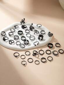 15件套简约时尚金属叶子、蛇、蝴蝶、水钻、几何图案女士戒指套装，适合休闲、派对、约会、送礼，四季皆宜 - 31502-ring-black - 查看 2