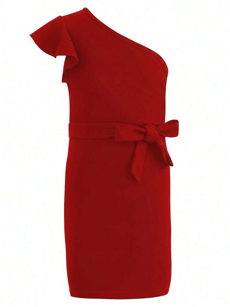 Girls One Shoulder Belted Fitted Dress - Red - View 1