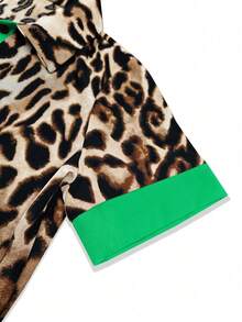 HUTENER Plus Size Women Leopard Print Color Block Short Sleeve Dress With Lapel Collar, Spring/Summer - Green - View 6