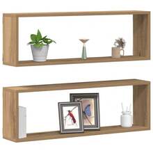 Mensola da parete vidaXL con contenitore, set da 2 pezzi, rovere lavorato a mano, 80 x 15 x 26 cm - Multicolore - Visualizzare 3