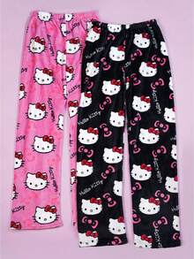 2pcs Authorized Sanrio Flannel Sleepwear Kawaii Sanrio Hello Kitty Women's Casual Home Pants, Pink Cartoon KT Print, Autumn Fashionable Sleepwear - Multicolor - View 8