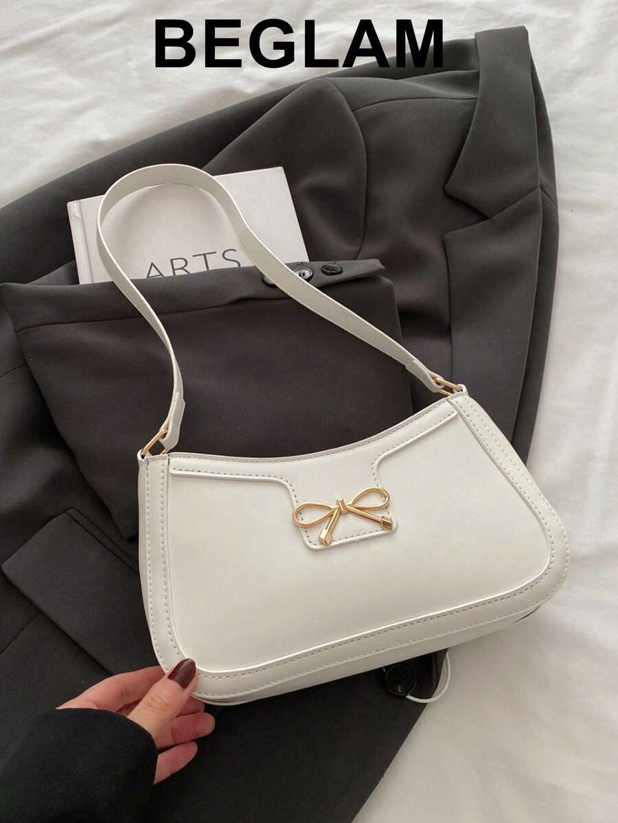 时尚 PU 皮革斜挎包，配以可爱的蝴蝶结金属装饰，优雅、别致、时尚，适合日常休闲使用 - 白色 - 查看 1