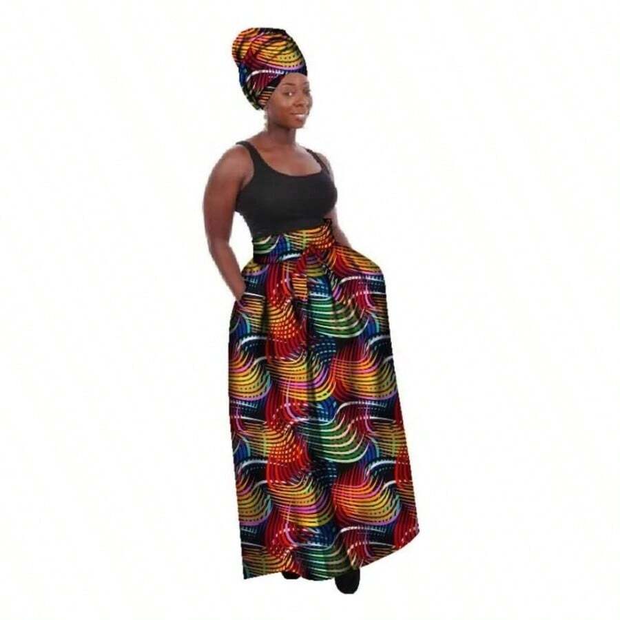 Falda de verano con estampado africano para mujer, falda tradicional Ankara Dashiki de cintura alta con pauelo para la cabeza, CL1, - inicial - Ver 1