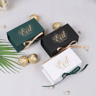 10 piezas Cajas rectangulares de favor con caligrafía dorada brillante Eid Mubarak de colores múltiples, adornadas con cintas de satén - perfectas para contener dulces y mini regalos, ideales para celebraciones de Eid Al-Fitr y favores para invitados