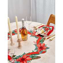 Poinsettia Tablecloth 70 Inch Round - Christmas Fabric Table Cover For Holiday Dining, Xmas Party Decorations, Winter Table Setting, Red Floral Design - Multiwarna 53 - View 6