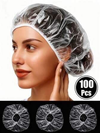 100 Disposable Shower Caps, Transparent Plastic Hair Caps, Shower Caps, Bath Caps, Bathroom Supplies, Affordable Price, Waterproof Elastic Shower Caps, Suitable For Hair Care/Travel/Home Use, A Must-Have For Back To School.