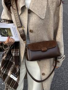 Women's Square Bag, Fashionable Minimalist Elegant Suede With PU Leather Flap Crossbody Bag - Coffee - View 4