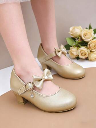 1 Pair Girls' Dreamy Low Heel Round Toe Princess Shoes, Dance Shoes, Comfortable Small Leather Shoes Suitable For Parties And Gatherings, Multifunctional Essential