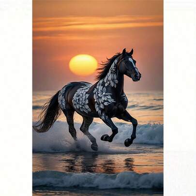 1 Set 5D DIY Diamond Painting Kit - Galloping Horse On Waves, Sunset Seascape Animal Diamond Art, Living Room Bedroom Decor DIY Handcraft, Christmas Decorations