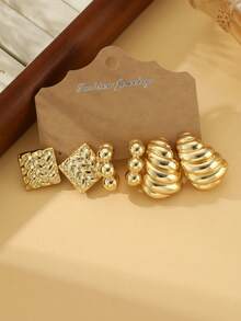 6/18pcs Gold Metal Texture Earring Set. [Square, Rhombus, Beaded, Spiral/Seashell, 5-Petal Flower, Wave/Teardrop, Leaf Designs.] Natural/Geometric Elements Combination. Elegant And Chic Style. Suitable For Travel, Vacation, Party, Date, Daily Wear.