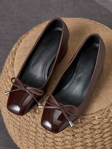 棕色漆皮双色方头蝴蝶结粗跟高跟鞋 – 5厘米 - 棕色 - 查看 4