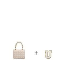 1个A-Z字母DIY包，时尚PU磁扣，精致迷你凹槽网格，百搭珍珠手提包，链条单肩斜挎包，适合日常使用，是送给亲朋好友的完美礼物（珍珠表面可能存在划痕和凹凸，无法避免）（字母贴纸需自行粘贴，随包附赠） - 米色+白字母 - 查看 16