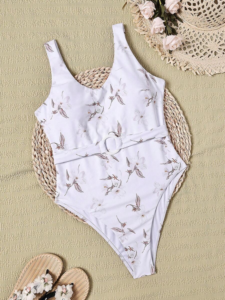 Women's Sexy Backless V-Neck One-Piece Swimsuit With Floral Print Belted Detail Medium Stretch Knitted Fabric Beachwear Elegant Casual Bikini - White - View 1