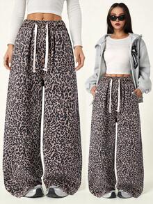 少女Y2K休闲宽松高腰阔腿豹纹牛仔裤，配蝴蝶结抽绳腰带，秋冬街头风，返校季、圣诞节和万圣节，豹纹裤 - 咖啡棕 - 查看 7