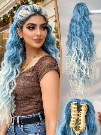 爪形马尾假发，渐变蓝色，24英寸水波纹耐热纤维合成马尾假发，适合女性圣诞节、万圣节、音乐节派对和日常佩戴。