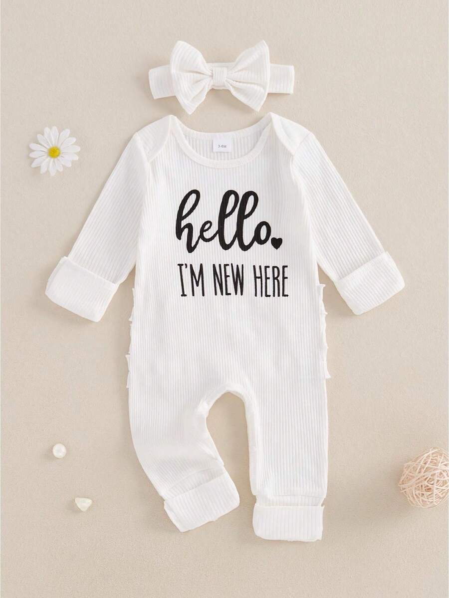 Newborn Baby Girls Rompers Knit Round Neck Long Sleeve Infant Fall Jumpsuits With Headband Coming Home Outfit - 白色 - 查看 1