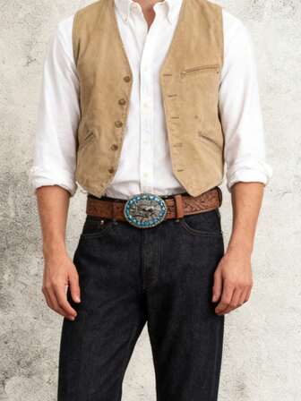 1pc American Western Style Belt With Oval Metal Buckle Inlaid With Turquoise, Suitable For Pairing With Jeans, Western-Style Jackets, Casual Pants, For Daily Casual Wear, Western-Themed Outfits, And Country-Style Events