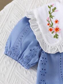 女婴镂空刺绣领花卉刺绣衬衫和裙子两件套，春夏休闲装 - 藍色 - 查看 5