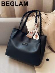 Women's Versatile Solid Color Handbag, Malist PU Leather Large Capacity Shoulder Bag With Scarf Decor, Lightweight & Spacious Tote Bag For Daily Office Use, Fashionable Waterproof Durable Square Tote, Mother's Day Gift