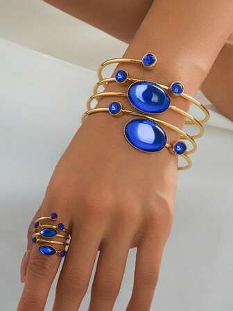 一套简约时尚多层线条水钻手链和戒指首饰套装，情人节送给女性的礼物