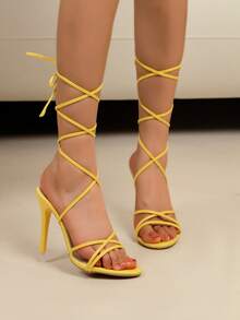 Women's "Summer New" Gold Color: Yellow: Sexy Lace-Up Stiletto High Heel Sandals, Cross-Strap Open Toe Sandals, European And American Style Wrap Around Sandals, Sexy Stiletto High Heel Open Toe Party Heels, Lace-Up High Heel Sandals, Women's Cross-Toe Sandals, Lace-Up Design Versatile Party Sandals, Sexy Wrap Around Stiletto High Heel Sandals - Yellow - View 5