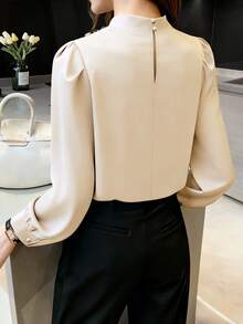 女士休闲通勤立领褶皱设计公主袖长袖衬衫，春秋季 - 卡其色 - 查看 2