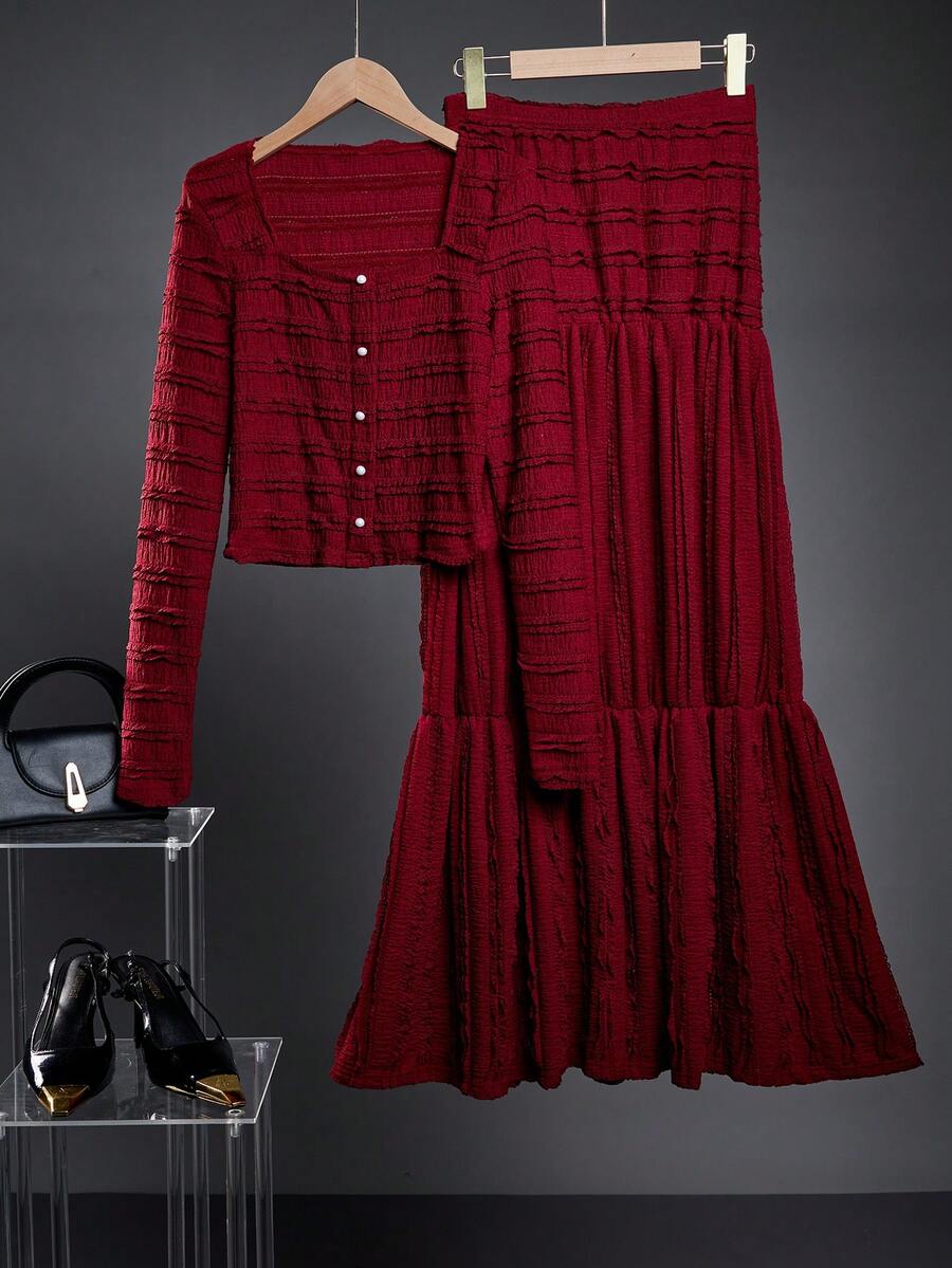 Women's Pink Textured Fabric Casual Vacation Style Long Sleeve Square Neck Button-Up Top And Maxi A-Line Skirt 2 Pieces Set, Autumn