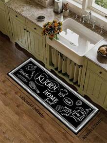 1pc Silica Gel Kitchen Mat, Hand-Drawn Chalkboard Style Kitchen-Themed Pattern: Black Background With White Line Drawings Of Chef Hat, Frying Pan, Spice Bottles, Flour Bag Etc., Complemented By "KITCHEN" And "HOME Sweet" Text, Cushioned Anti-Fatigue Kitchen Carpet With Fabric Surface And Sponge Absorbent Material