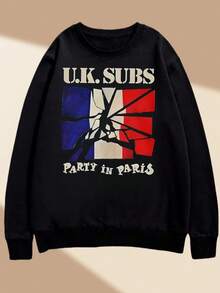 UK Subs Paris Party Official Sweatshirt | Unisex Sweatshirt, Black With Blue, White, And Red Graphic Design, Casual Round Neck Short Sleeve Shirt, Machine Washable, Casual Wear Sweatshirt, Punk Rock Fashion, Plus Size - Black - View 6