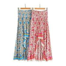 Falda larga para mujer con estampado floral tnico de playa, bohemia, falda larga, Azul, Large - inicial - Ver 2