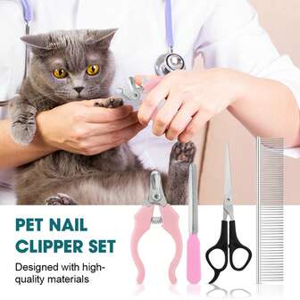 4件套宠物美容套装，包括指甲钳、锉刀、剪刀和梳子，适用于猫狗的脸部、眼睛、耳朵和爪子。