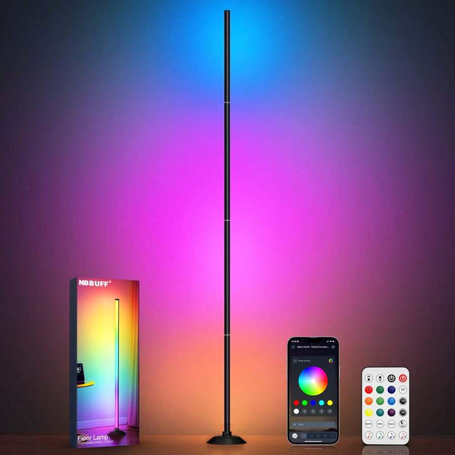 49英寸智能RGB LED落地转角灯，RGB灯管灯带带支架，USB供电，可通过App和遥控器控制，可变色环境照明，适用于客厅、卧室、游戏室、圣诞装饰和游戏场景
