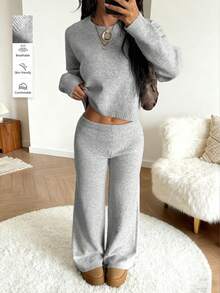 Women's Casual Cute 2 Piece Set Streetwear Y2K Solid Color Knit Sweater Top Pullover Long Sleeves Knitted Pants Matching Set Lougewear Warm Comfortable Daily Wear Back To School Homecoming Fall Winter Going Out Outfits Clothes For Women Christmas Valentine's Day New Year