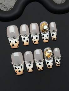 10片/套 手工亚克力按压式美甲贴片,中号棺材形,豹纹,法式美甲,渐变色,棕色,法式钻石边缘装饰,棕色钻石装饰,3D闪亮钻石装饰,可卸式假指甲,美甲用品,适合派对、舞蹈、日常佩戴、学生聚会,可重复使用,附赠果冻胶和指甲锉,DIY美甲套装 - 彩色 - 查看 3