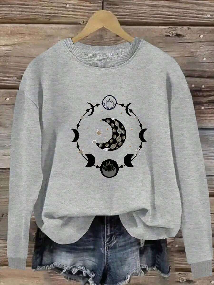Simple Solid Hoodie Plus Size Women's Clothing, Red Bohemian Astrology Sweater - 260g Heavyweight Crew Neck Pullover, Gradient Red And Black Geometric Pattern, New Moon And Twelve Constellations (Aries, Taurus, Gemini, Cancer, Leo, Virgo, Libra, Scorpio, Sagittarius, Capricorn, Aquarius, Pisces) - Machine Washable Casual Elegant Spring Autumn Layered Sweater, Suitable For Spring Fashion, Autumn And Winter Season Matching, Retro Aesthetics, High-Quality Stitching, Soft Fabric, Fashion Knitwear, Printed Top, Essential For Bohemian Enthusiastslong Sleeve Tops - 灰色 - 查看 1