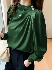 Women's Casual Commuter Shirt With Stand Collar, Pleated Design, And Princess Sleeves, Suitable For Spring And Autumn - Dark Green - View 4