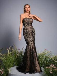 Anpoket 新款抹胸高端伴娘礼服撞色蕾丝修身鱼尾长裙 - 黑色 - 查看 5