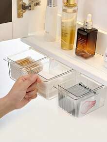 1个抽屉收纳盒，透明浴室棉签和棉垫收纳盒，拉出式浴室柜收纳盒