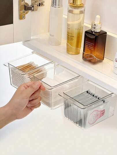 1个抽屉收纳盒，透明浴室棉签和棉垫收纳盒，拉出式浴室柜收纳盒