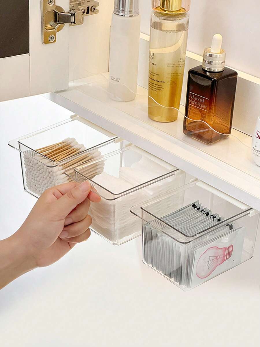 1个抽屉收纳盒，透明浴室棉签和棉垫收纳盒，拉出式浴室柜收纳盒