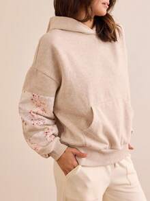 Womens Hooded Sweatshirt Long Sleeve Floral Print Patchwork Casual Loose Fit Tops With Pocket - Kem - Xem 3