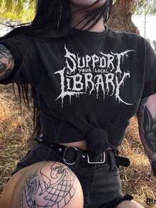 Death Metal Graphic T-Shirt, Support Your Local Library, Librarian Gift, Comfortable Gothic Color T-Shirt, Custom Metal Tee, Dark Academia Aesthetic Plus Size Women T-Shirt - 黑色 - 查看 4