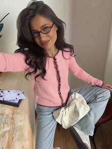 Women's Contrast Trim Round-Neck Long-Sleeved Button-Up Cardigan, Popular In Autumn And Winter, Casual Streetwear, Fall, Out-Going, Christmas, Thanksgiving