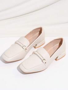 女士方头金属粗跟平底乐福鞋，工作鞋，新款春秋季套脚鞋，软底莫卡辛鞋，复古米色大码 - 米色 - 查看 5